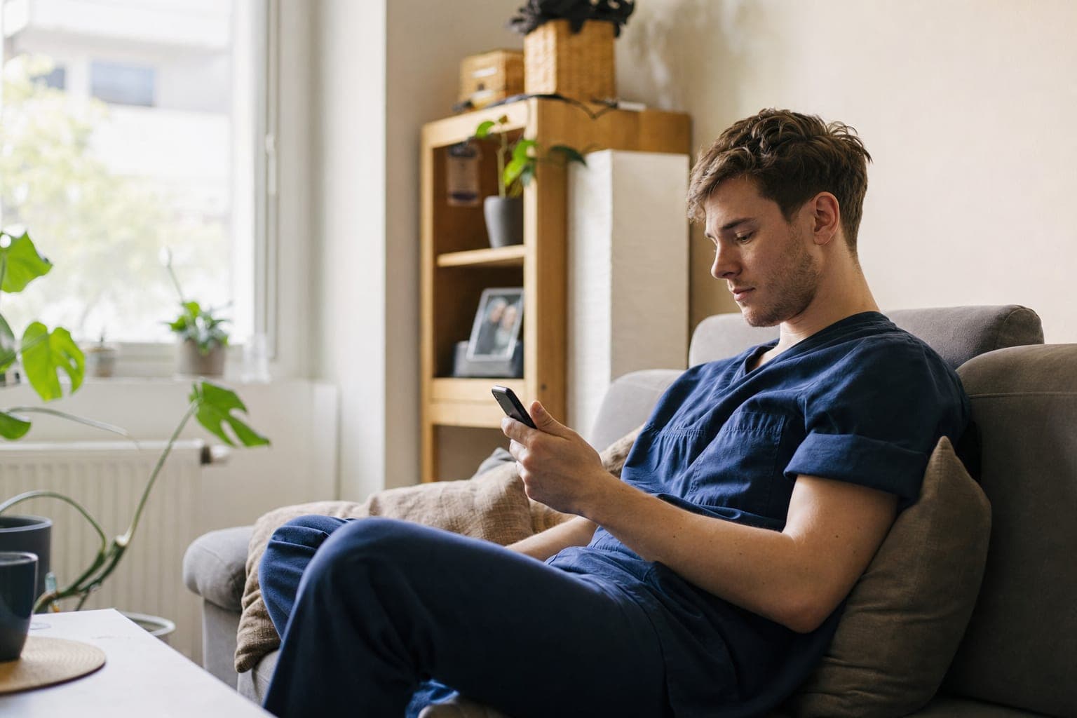 Fachkraft zuhause auf dem Sofa mit dem Telefon in der Hand